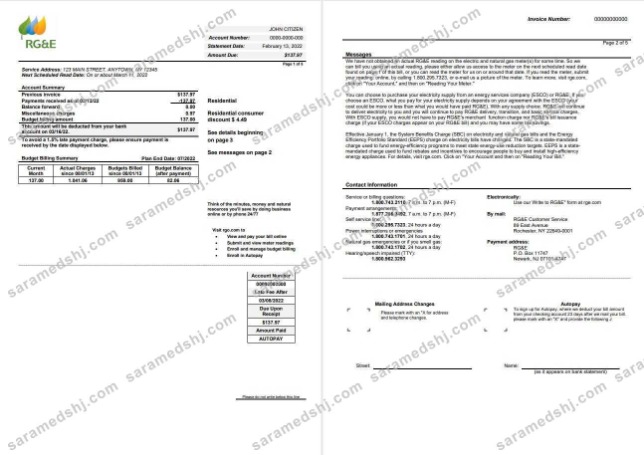 USA RG&E utility bill template in Word and PDF format (2 pages) 1 2